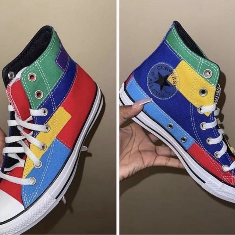 Converse Red and Blue High-Top Sneakers Vibrant Patchwork Design